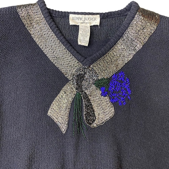 VINTAGE Bonnie Boerer Sweater Size M Navy Silver Embellished 80s Holiday knit - Picture 8 of 16